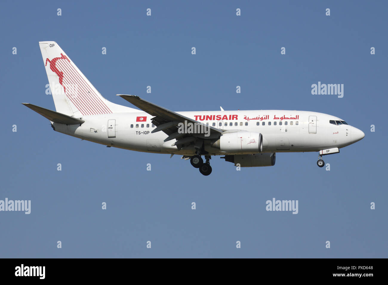 Tunisair tunisien Boeing 737-600 avec l'inscription TS-IOP en courte finale pour la piste 01 de l'aéroport de Bruxelles. Banque D'Images