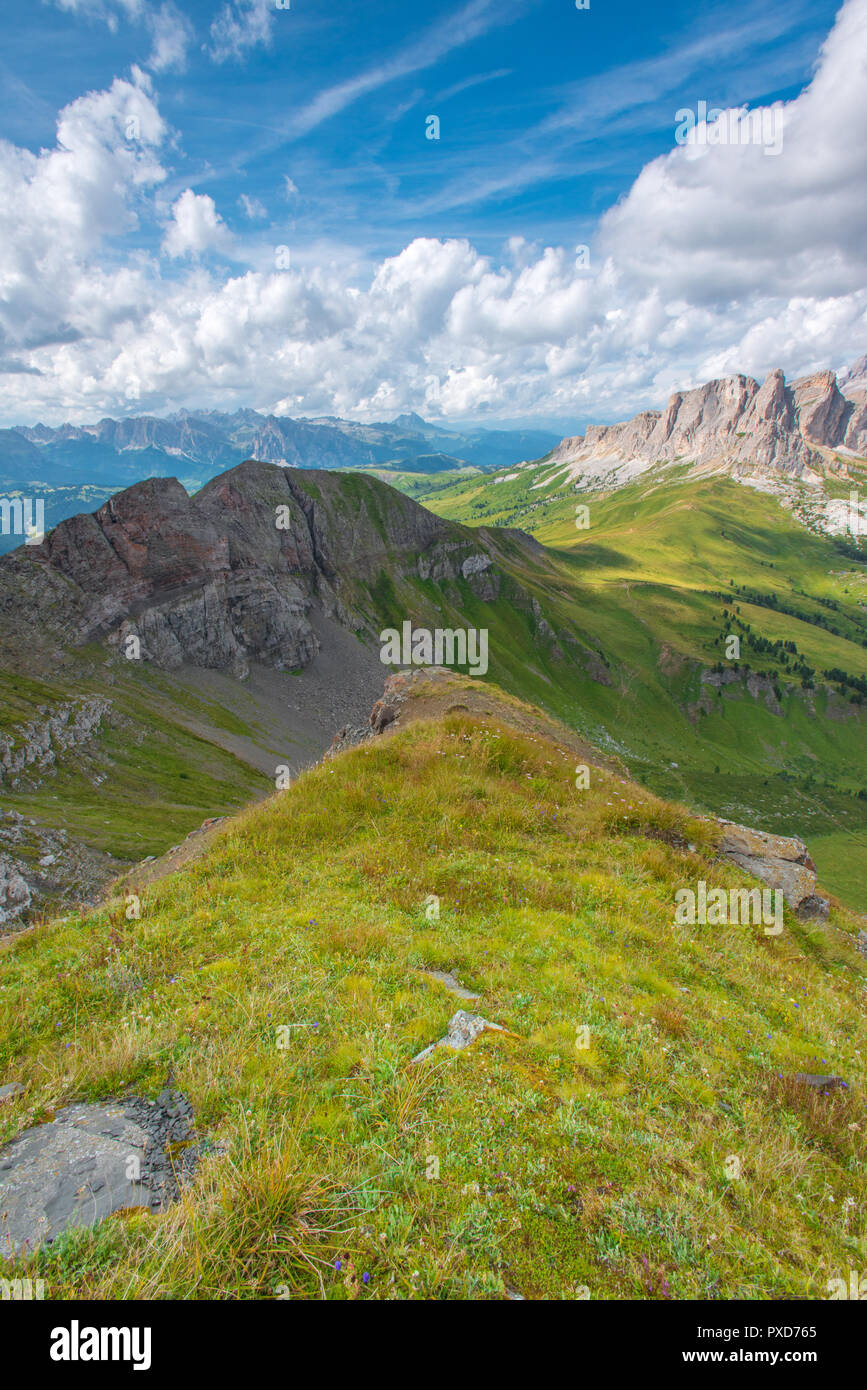 Belle vue sur montagne Dolomites italiennes à l'été. La crête de Sharp, mur de montagnes, vallées boisées et des pâturages d'herbe. Point de vue du sommet. Banque D'Images