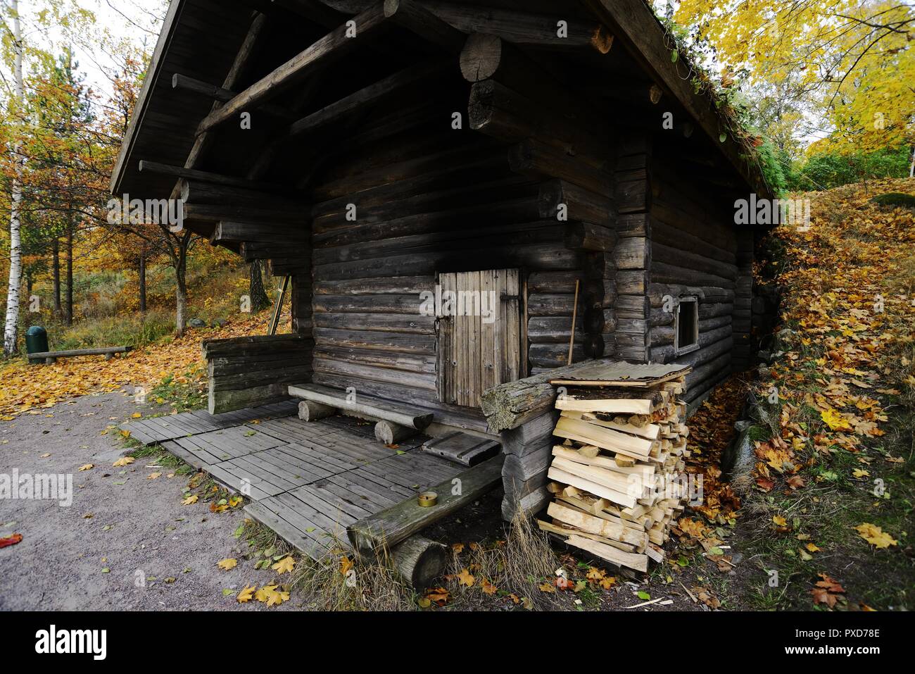 Sauna finlandais traditionnel en bois à l'automne, extérieur Banque D'Images