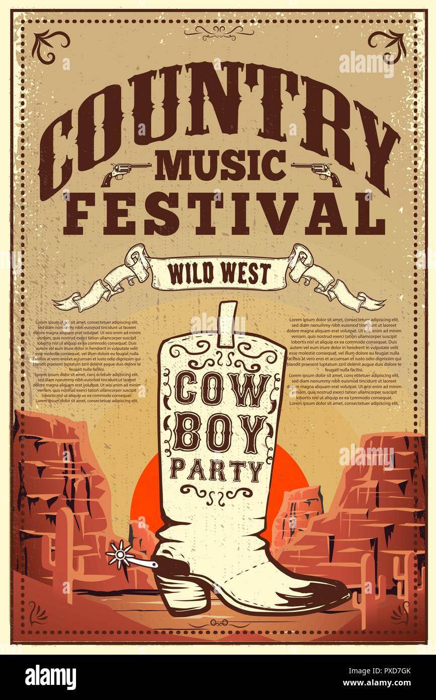 Festival de musique country de l'affiche. Party flyer avec bottes de cow-boy. L'élément de conception pour poster, carte, étiquette, panneau, carte de visite, bannière. Image vectorielle Illustration de Vecteur