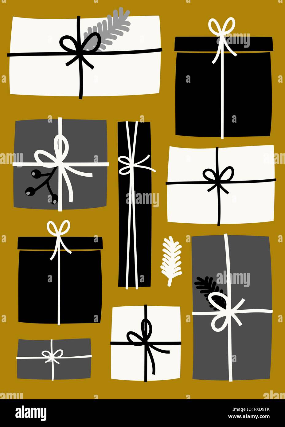 Conception avec les coffrets cadeaux de Noël en blanc, gris et noir sur fond d'or. Mignon et moderne carte de souhaits, les médias sociaux, la conception de l'affiche de la poste. Illustration de Vecteur