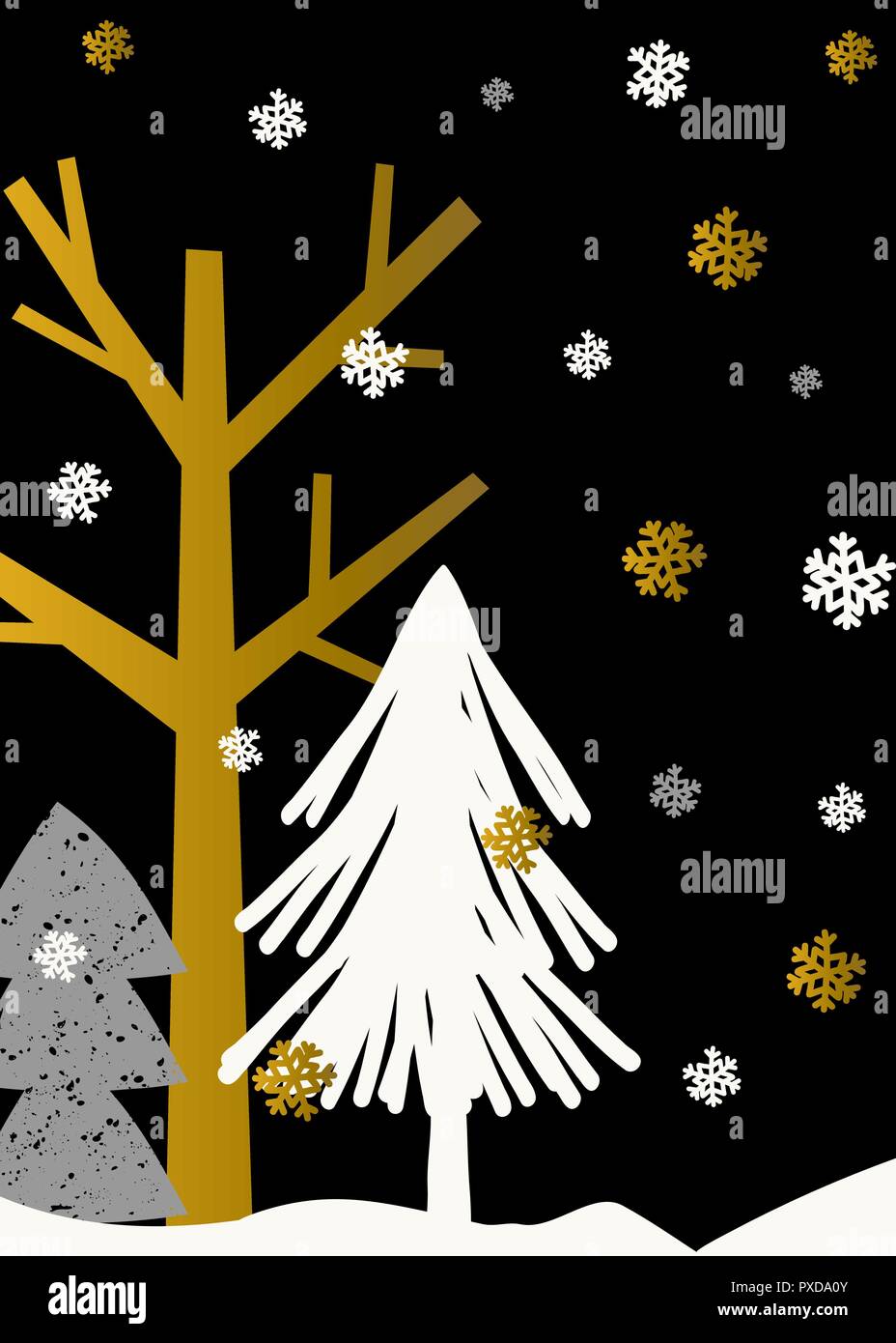 La conception d'arbres de Noël et des flocons en blanc, gris et or sur fond noir. Mignon et moderne carte de souhaits, les médias sociaux poster, poster desig Illustration de Vecteur