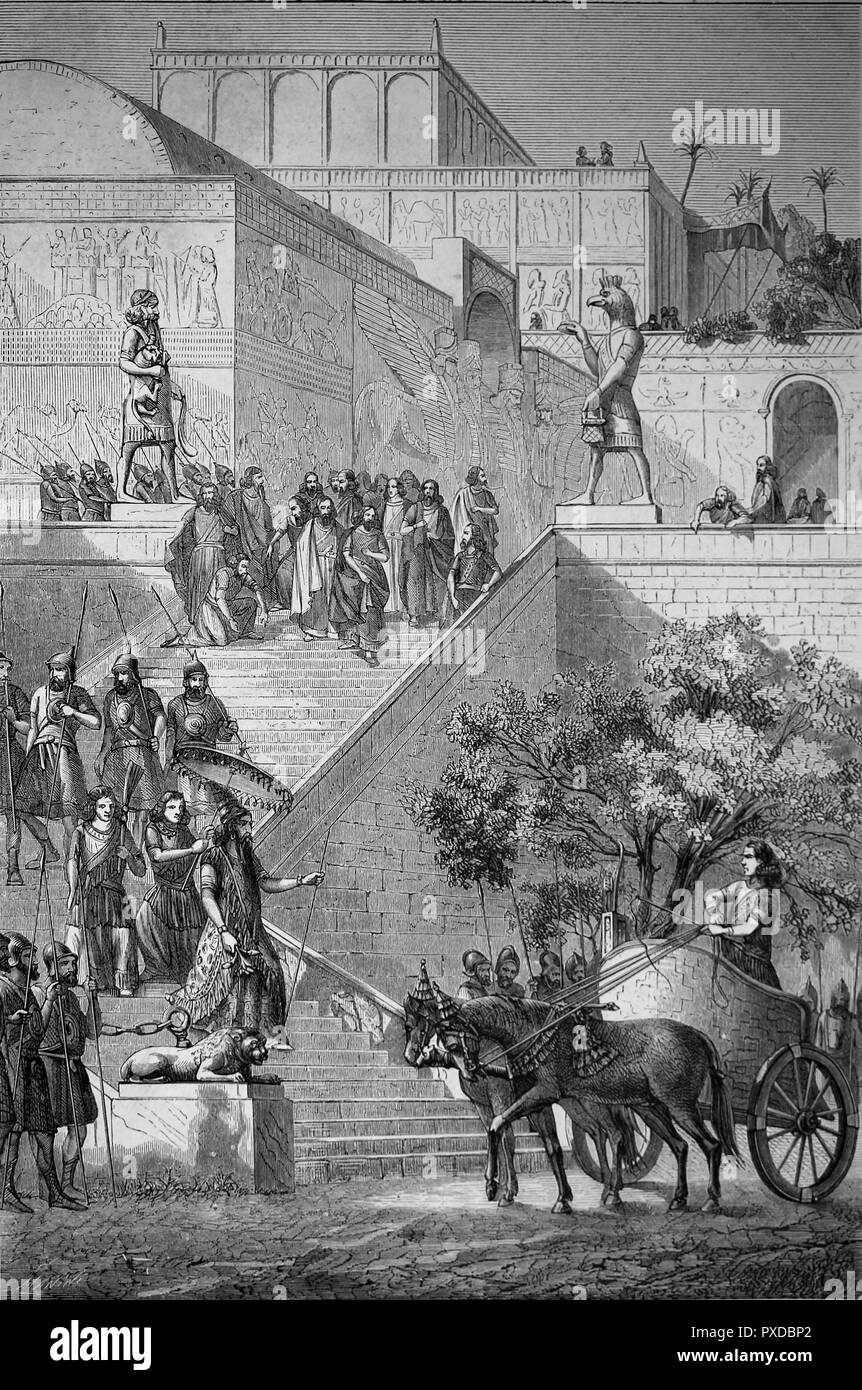 Vue extérieure représentant le palais assyrien de Kouyunjik dans Ninive, la haute Mésopotamie. Gravure sur bois (ch. 1870), 19e siècle. Banque D'Images