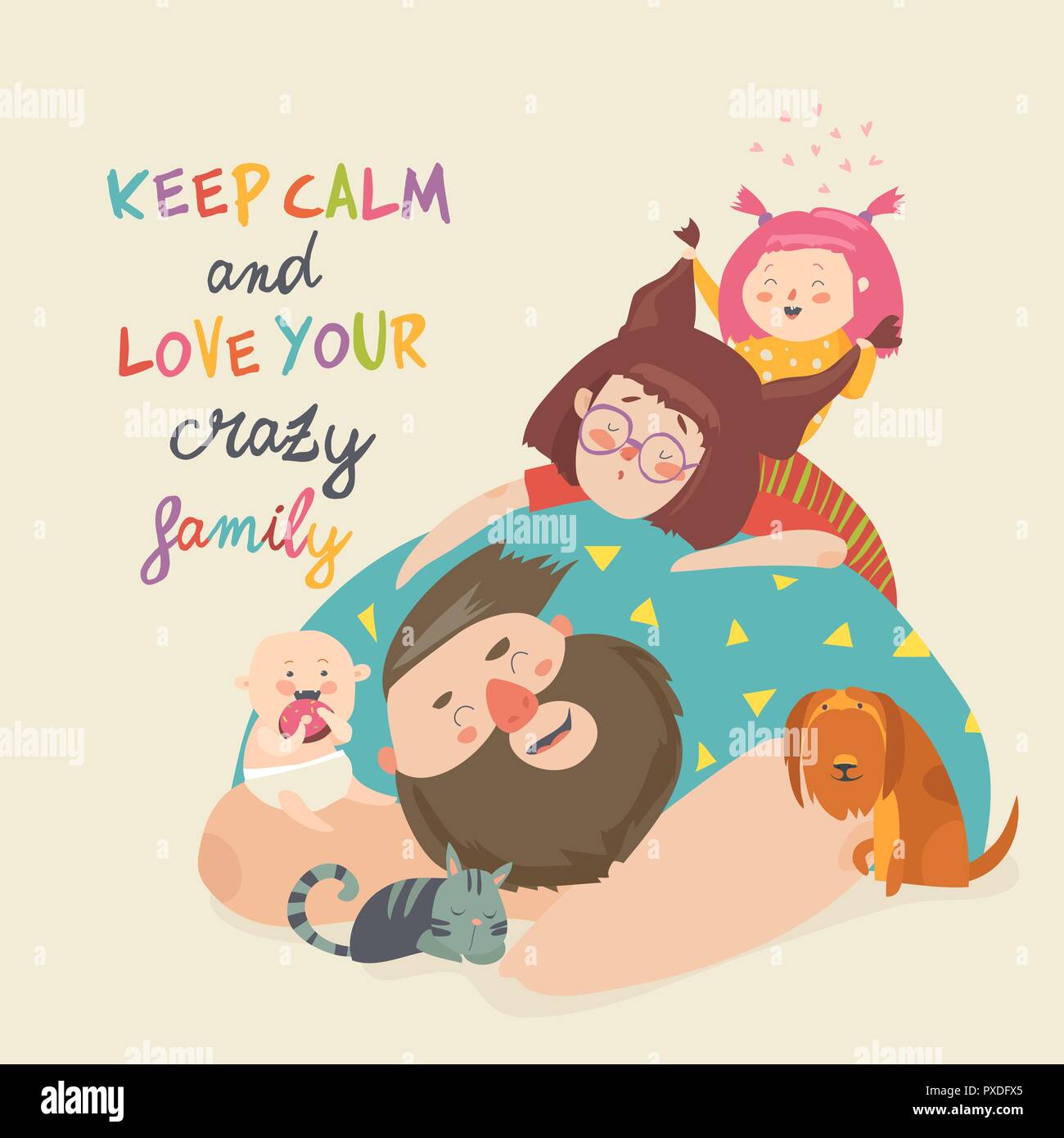 Portrait of cute crazy family. Mère, père, enfants, animaux domestiques Illustration de Vecteur