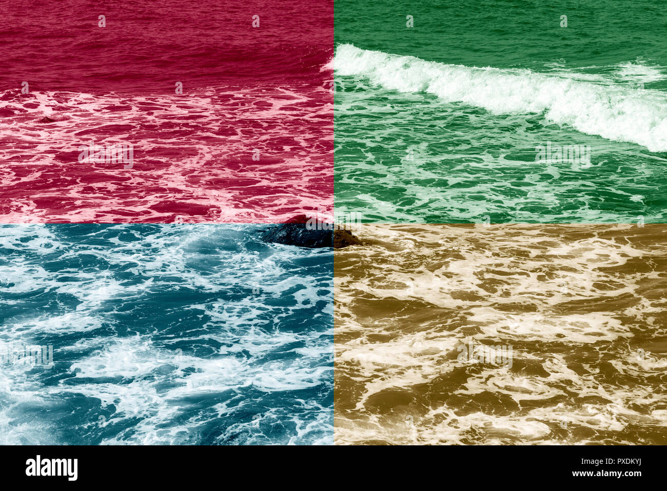 Vue sur l'océan avec 4 couleurs de quadrant, rouge, bleu, marron et vert. Banque D'Images