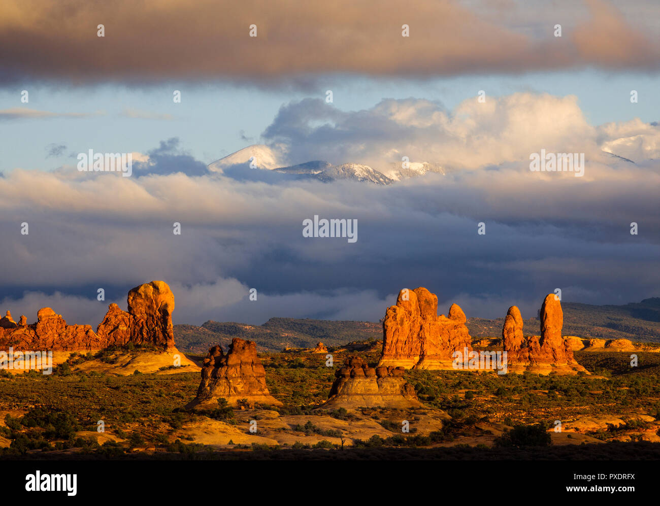 Les formations rocheuses du District de Windows Parc National Arches soutenues par Montagnes La Sal, Utah. Banque D'Images