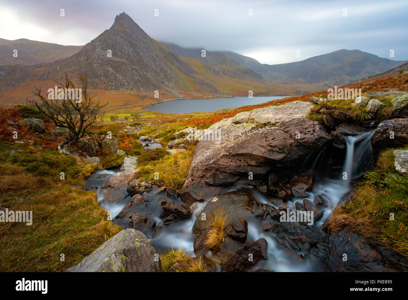 Lever de soleil spectaculaire sur la majestueuse vallée Ogwen et recognizasble Tryfan de montagne dans le parc national de Snowdonia, Conwy, Pays de Galles populaire pour la marche Banque D'Images