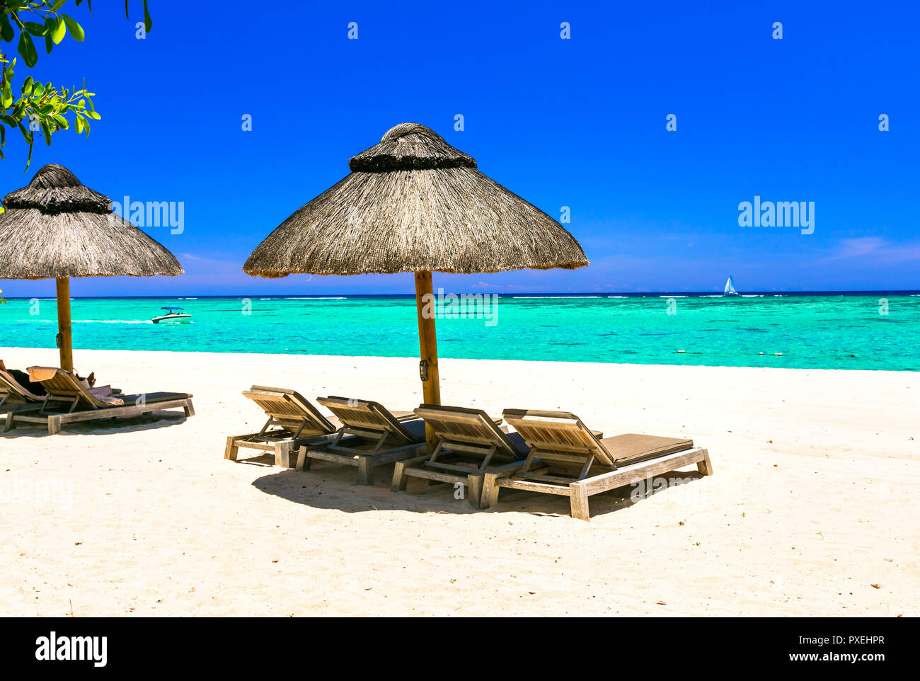 Vacances tropicales à l'île Maurice,avec vue sur la mer d'azur et de parasols. Banque D'Images