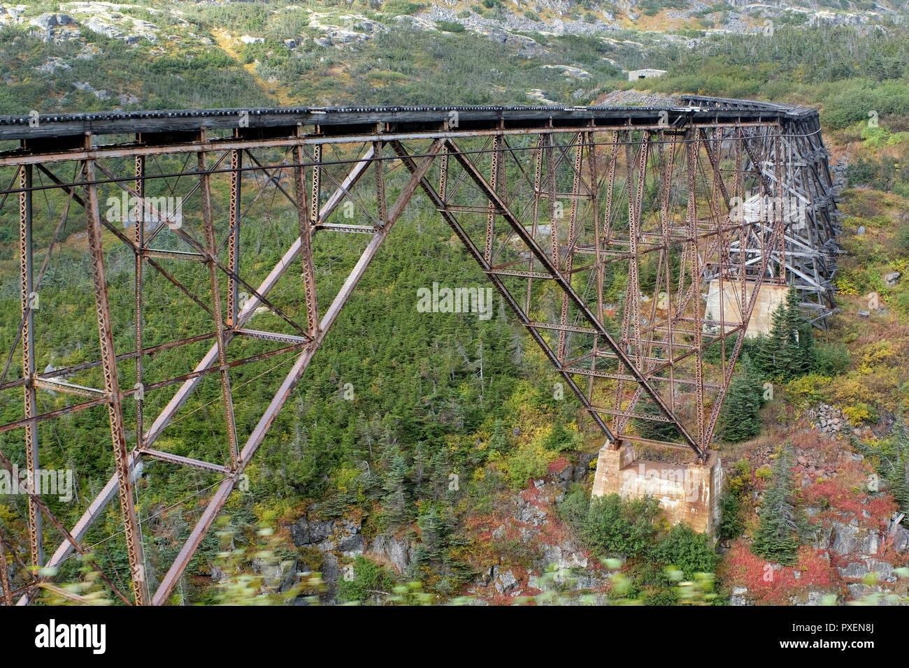 Vieux pont de chemin de fer de la White Pass and Yukon Route près de Skagway, Alaska Banque D'Images