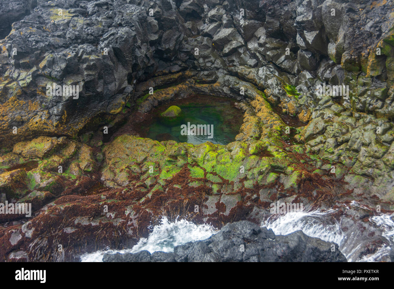 Brimketill sculptée naturellement piscine et plage de lave en Islande, péninsule de Reykjanes Banque D'Images