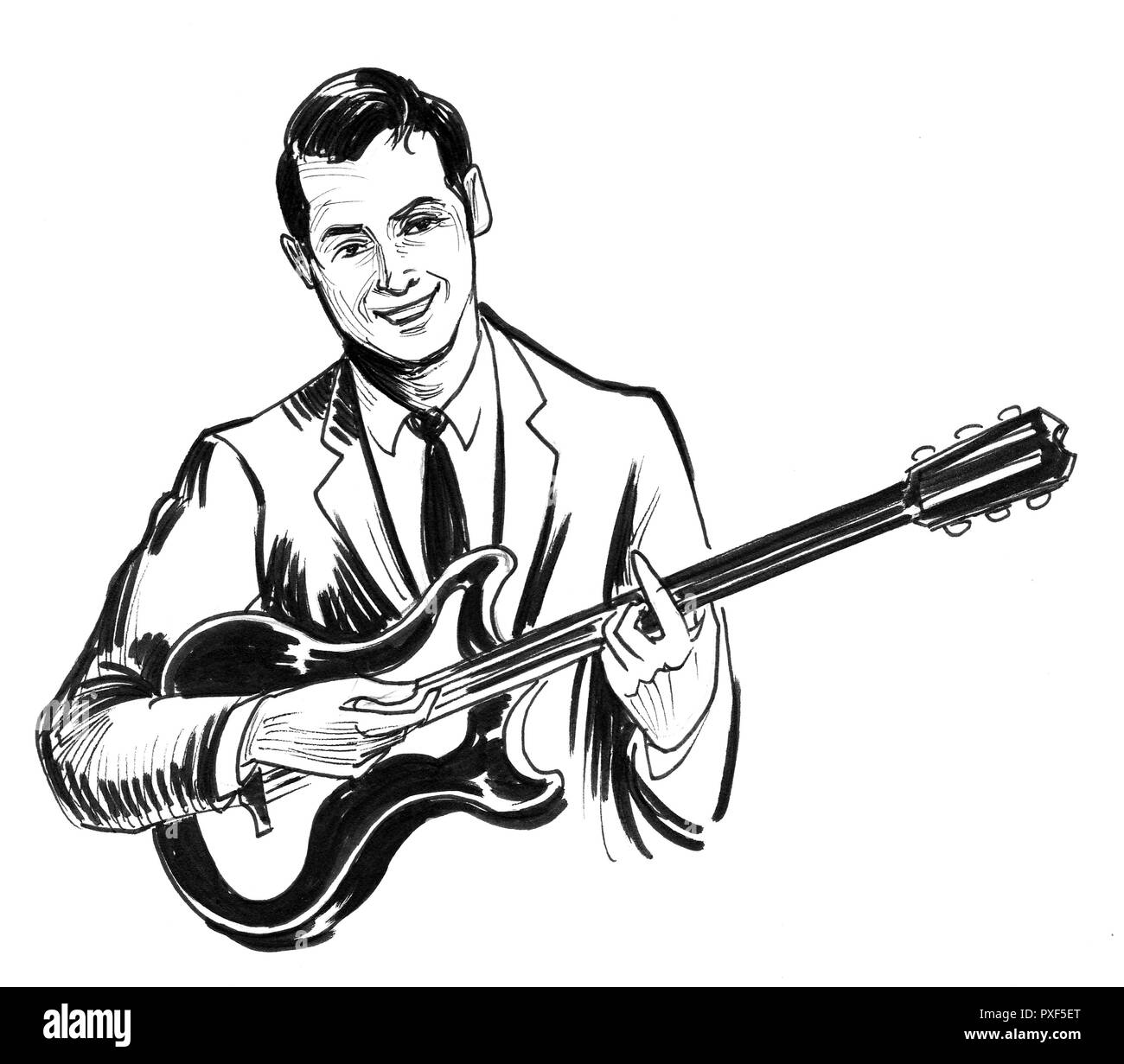 Musicien Jouant D Une Guitare Electrique Dessin Noir Et Blanc Encre Photo Stock Alamy