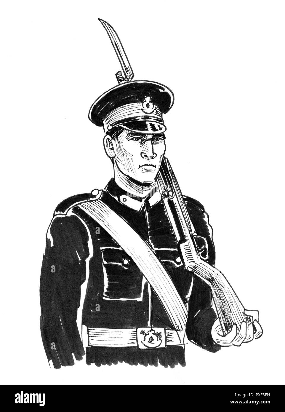 Soldat en service. Illustration noir et blanc Encre Banque D'Images