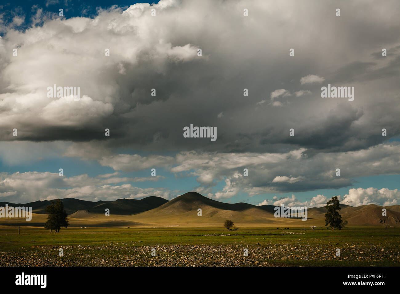 Le paysage mongol avec des montagnes au loin et un grand ciel spectaculaire et nuageux. Arkhangai, Mongolie Banque D'Images