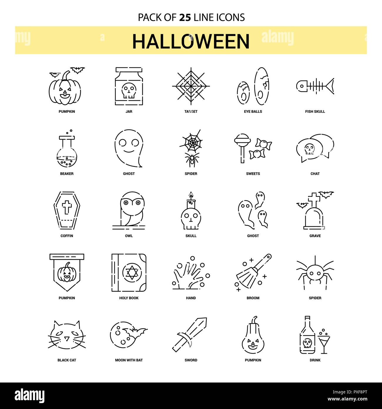 Ligne Halloween Icon Set - 25 Style contour en pointillé Illustration de Vecteur