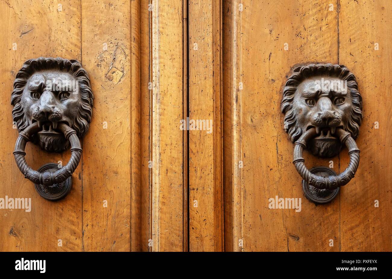 Ancienne tête de lion heurtoir de bronze sur une poignée de porte en bois Banque D'Images