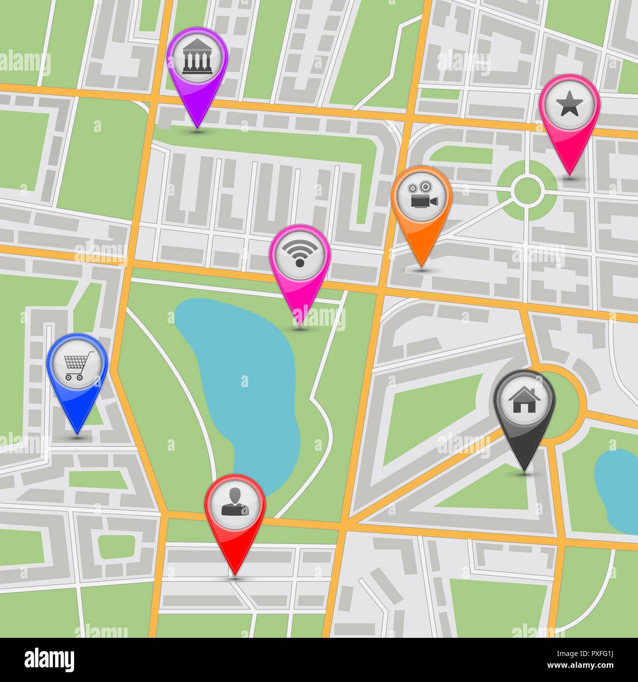 Plan de la ville avec des marqueurs d'emplacement Illustration de Vecteur