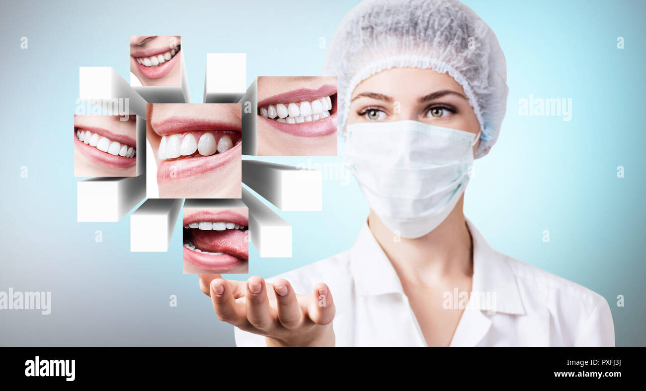 Jeune médecin dentiste collage présente de beaux sourires en bonne santé. Banque D'Images