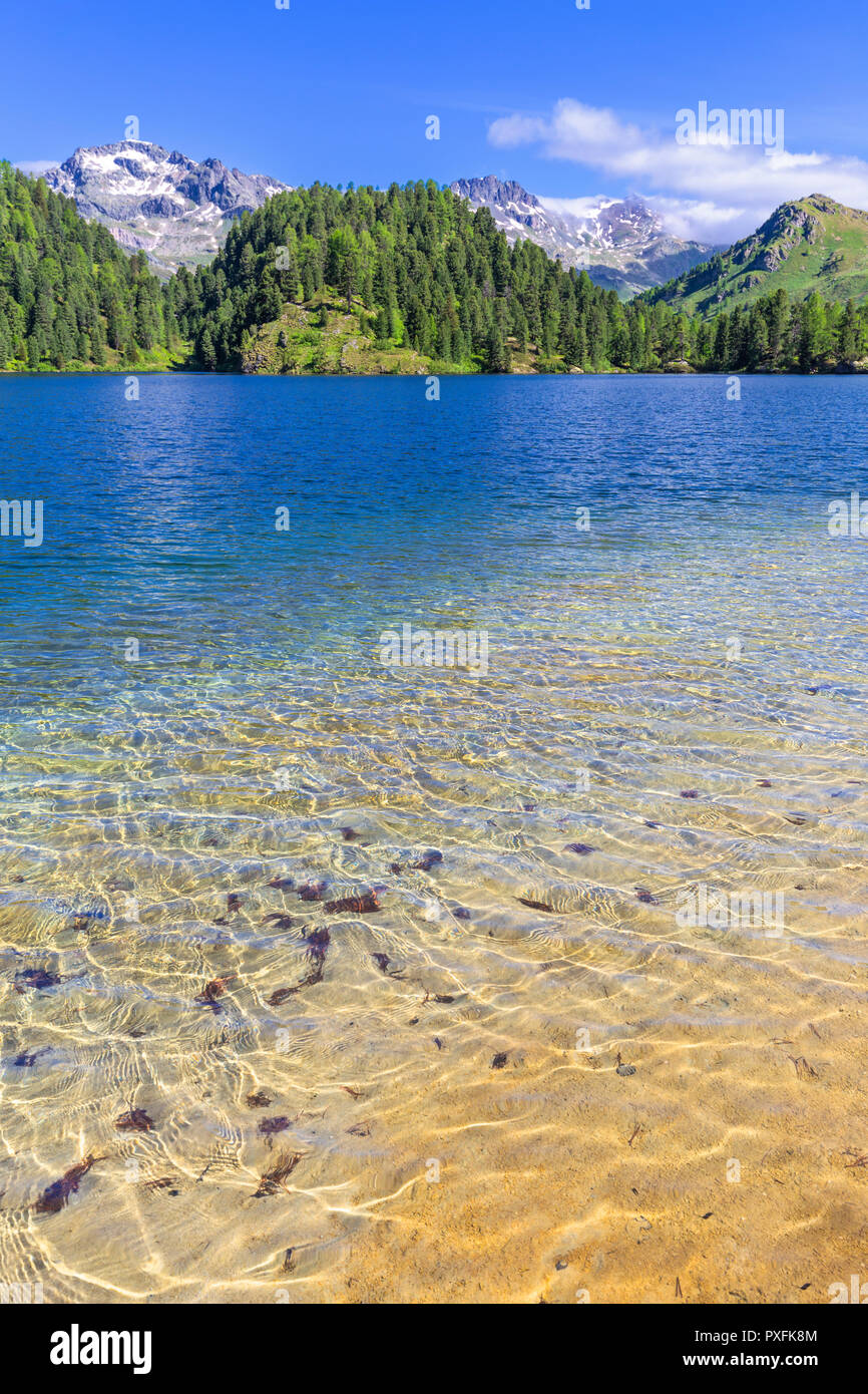 L'eau claire du lac à Cavloc, Forno Vallée, Col Majola, Engadine, Grisons, Suisse, Europe. Banque D'Images