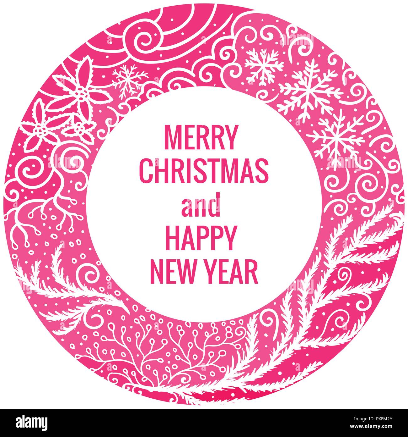 Card Joyeux Noël et Bonne Année. Cadre rond couleur rose dessiné à la main des ornements. Vector illustration isolé sur fond blanc. Illustration de Vecteur