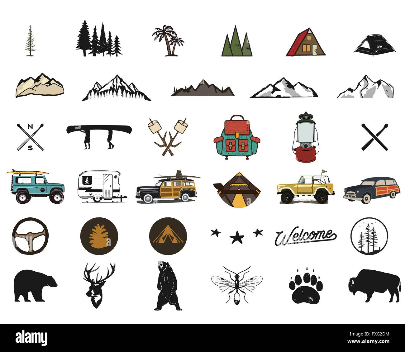 Vintage dessinés à la main des symboles de l'aventure, randonnée, camping, sac à dos d'animaux sauvages, canoe, surf voiture, sac à dos. Retro design monochrome. Pour des t shirts, des impressions. Silhouette d'actions isolées des icônes Illustration de Vecteur