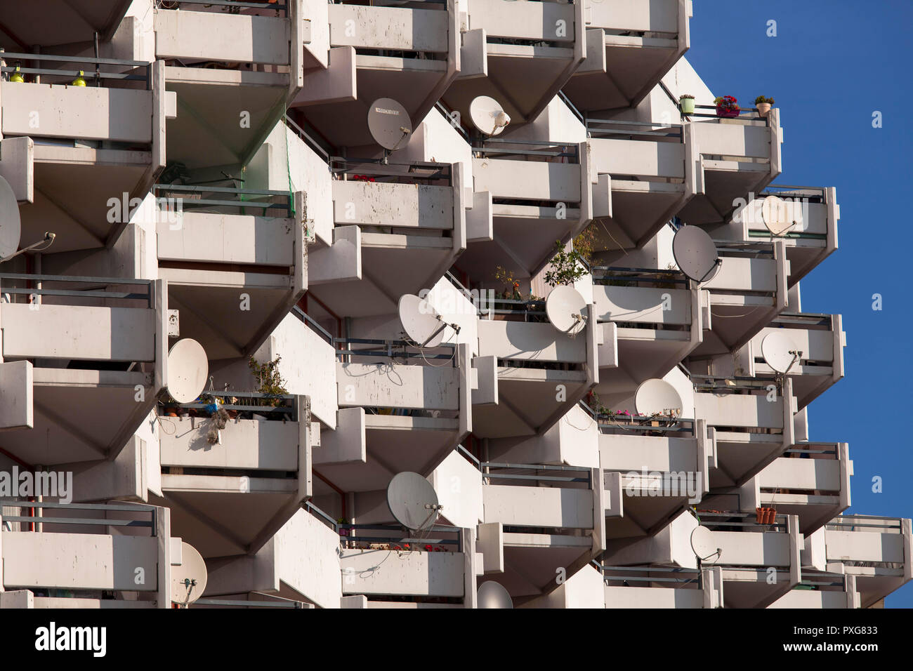 Les bâtiments de grande hauteur dans le quartier Chorweiler, antennes satellites, Cologne, Allemagne. Hochhaeuser im Stadtteil Chorweiler, Satellitenschuesseln, Koeln, Banque D'Images