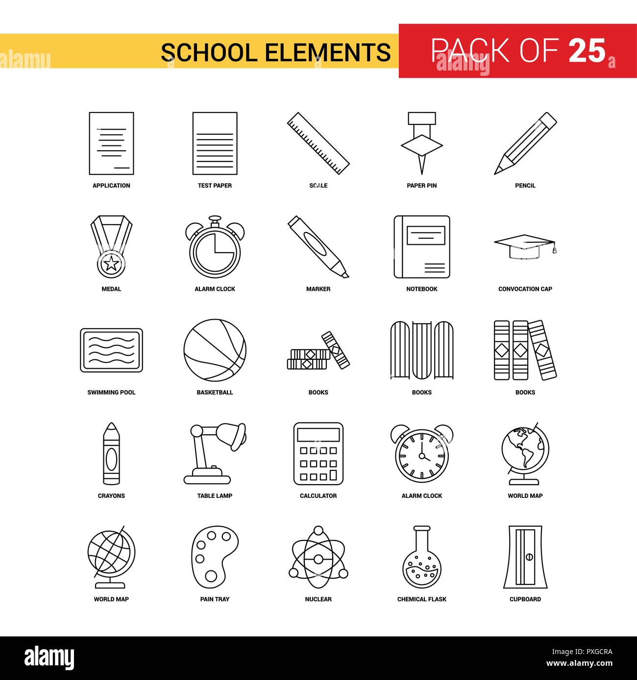 Éléments de l'école sur l'icône de la ligne noire - 25 Business Icon Set Contour Illustration de Vecteur