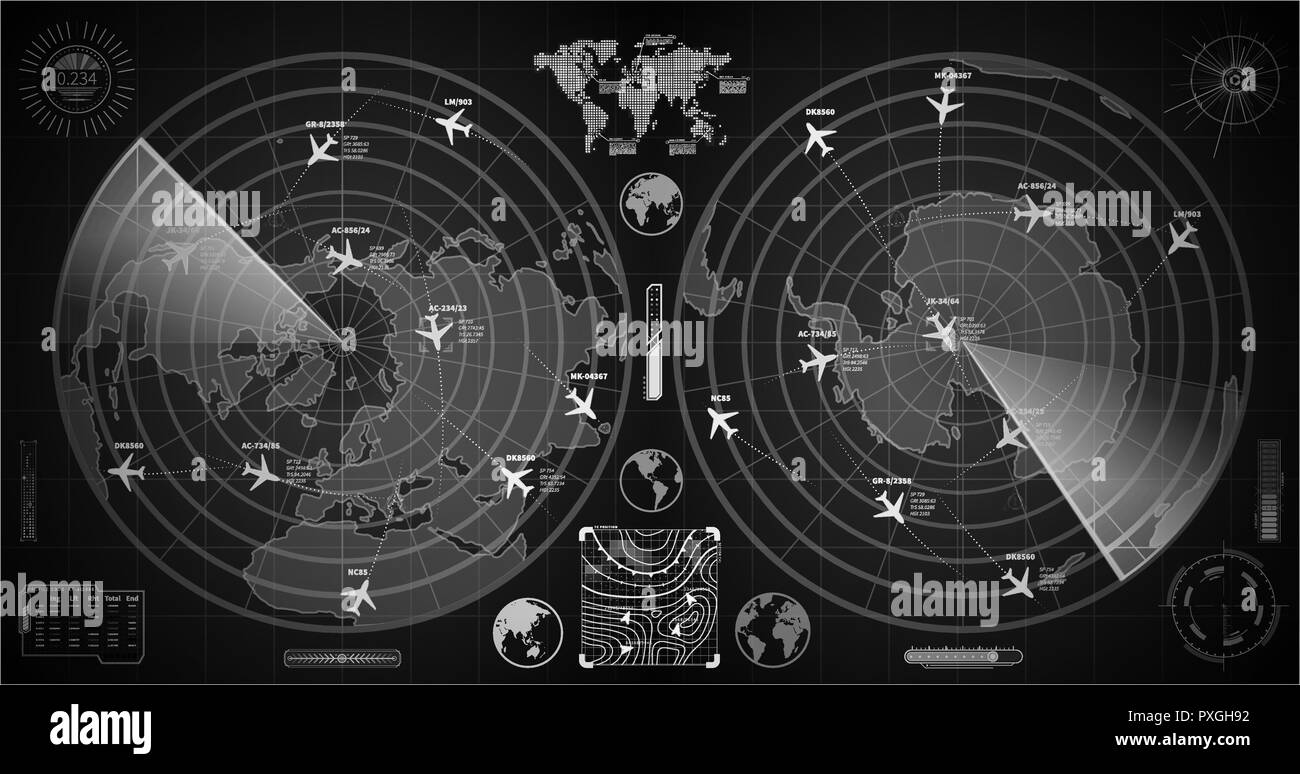 Sombre détaillée des radars militaires avec deux écrans avec des avions et des cibles des traces Illustration de Vecteur