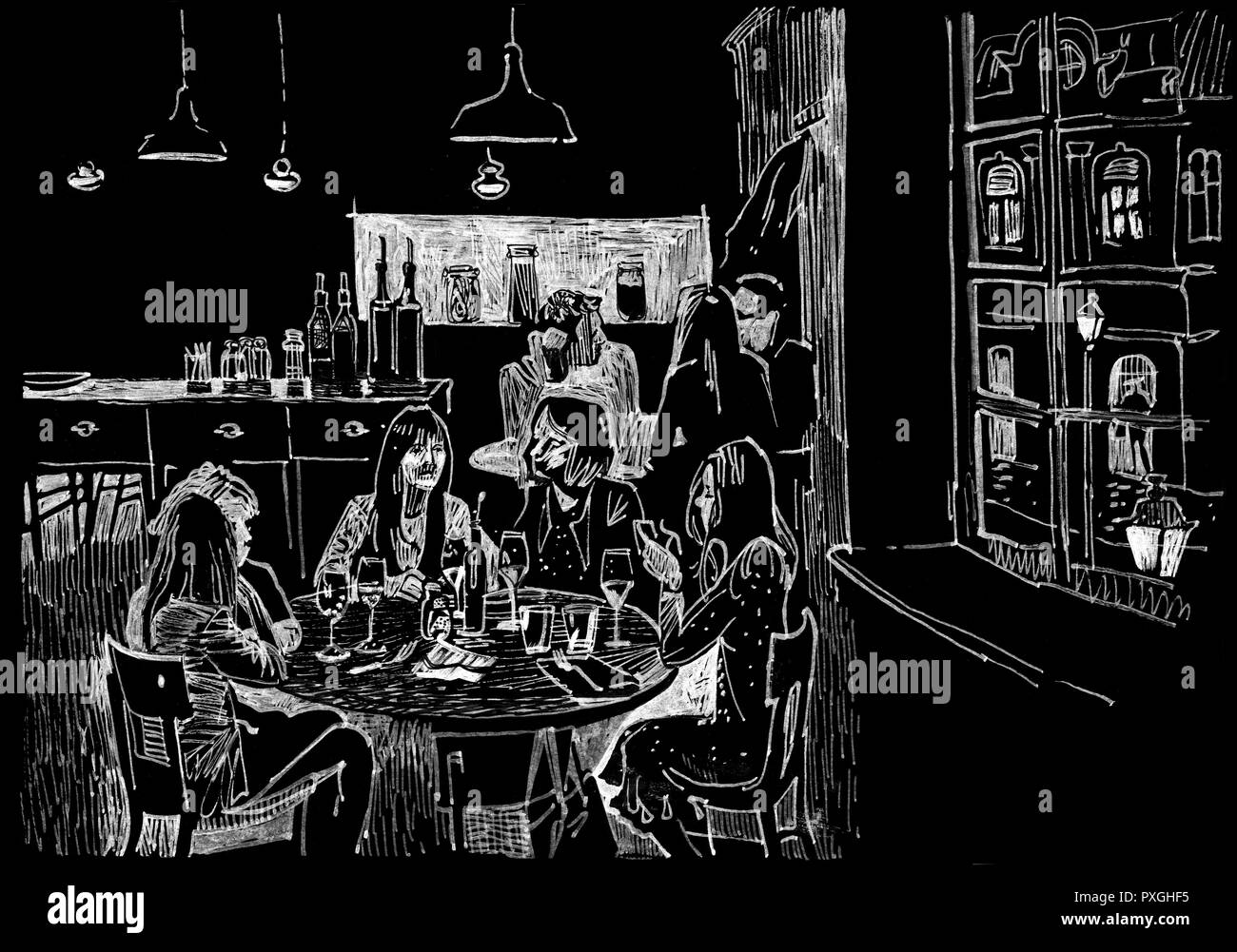 Les gens de dîner dans un restaurant confortable par la fenêtre avec une vue sur la ville de nuit. Hand drawn sketchy stylo encre style illustration blanc sur un background noir Banque D'Images