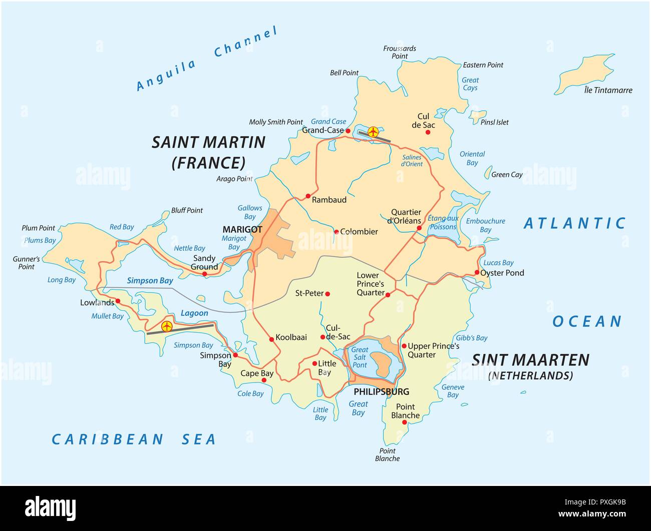 Carte vectorielle de la route de Saint-Martin-Sint Maarten. Illustration de Vecteur