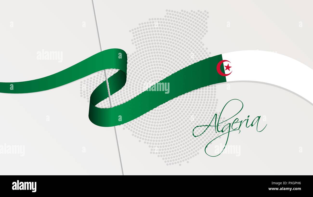 Illustration Vecteur de résumé en pointillés radial de l'Algérie carte de demi-teintes et ruban ondulé avec des couleurs du drapeau national algérien pour votre conception Illustration de Vecteur