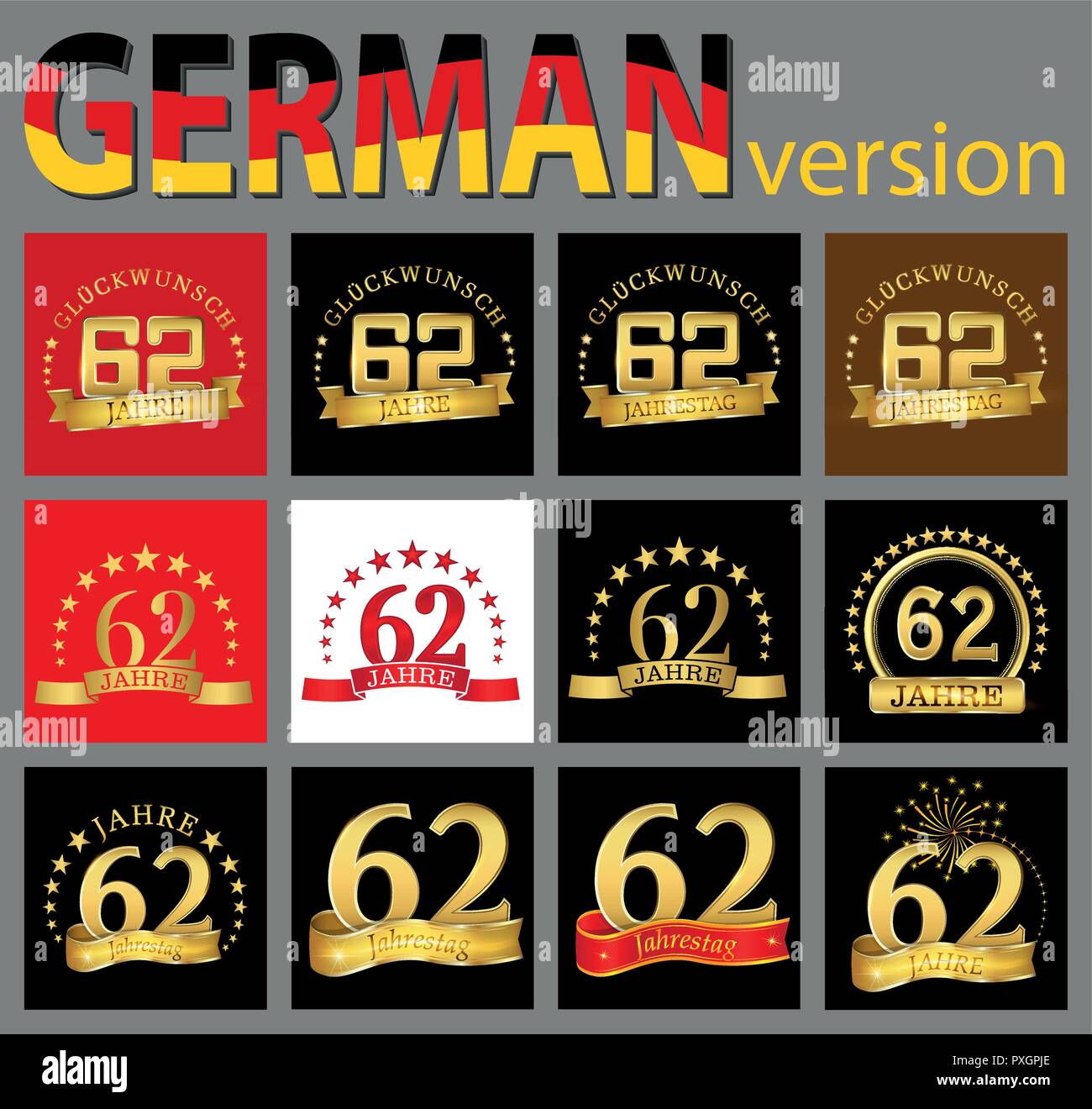 Numero De Serie De Soixante Deux 62 Ans Celebration Du Design Anniversaire Nombre D Elements De Modele Pour Votre Fete D Anniversaire Traduit De L Allemand Image Vectorielle Stock Alamy