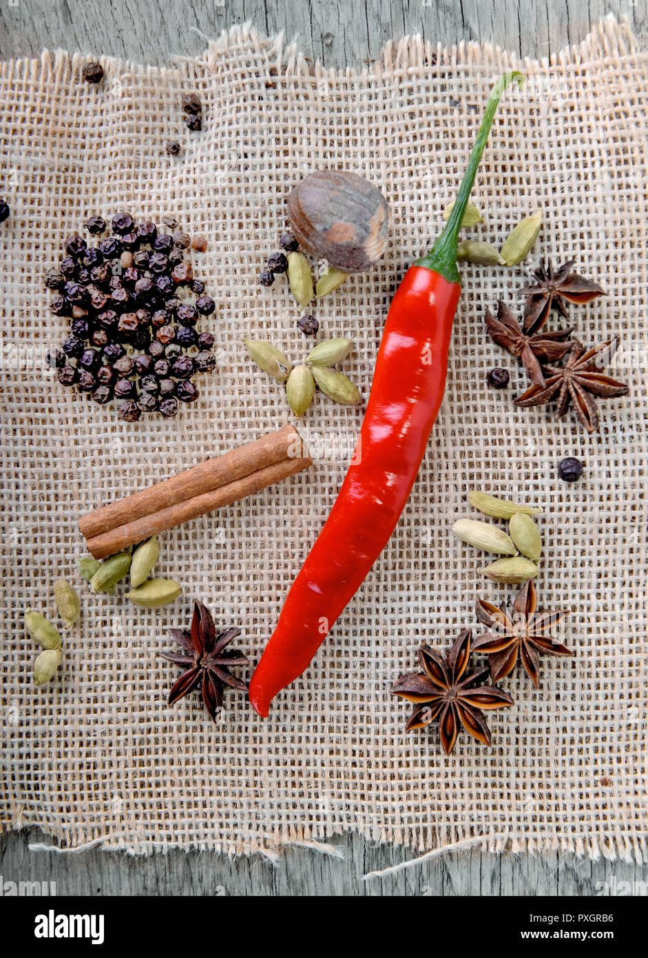 Vue de dessus sur red hot chili pepper avec graines de poivre et autres épices organisé sur fond texturé en tissu Banque D'Images