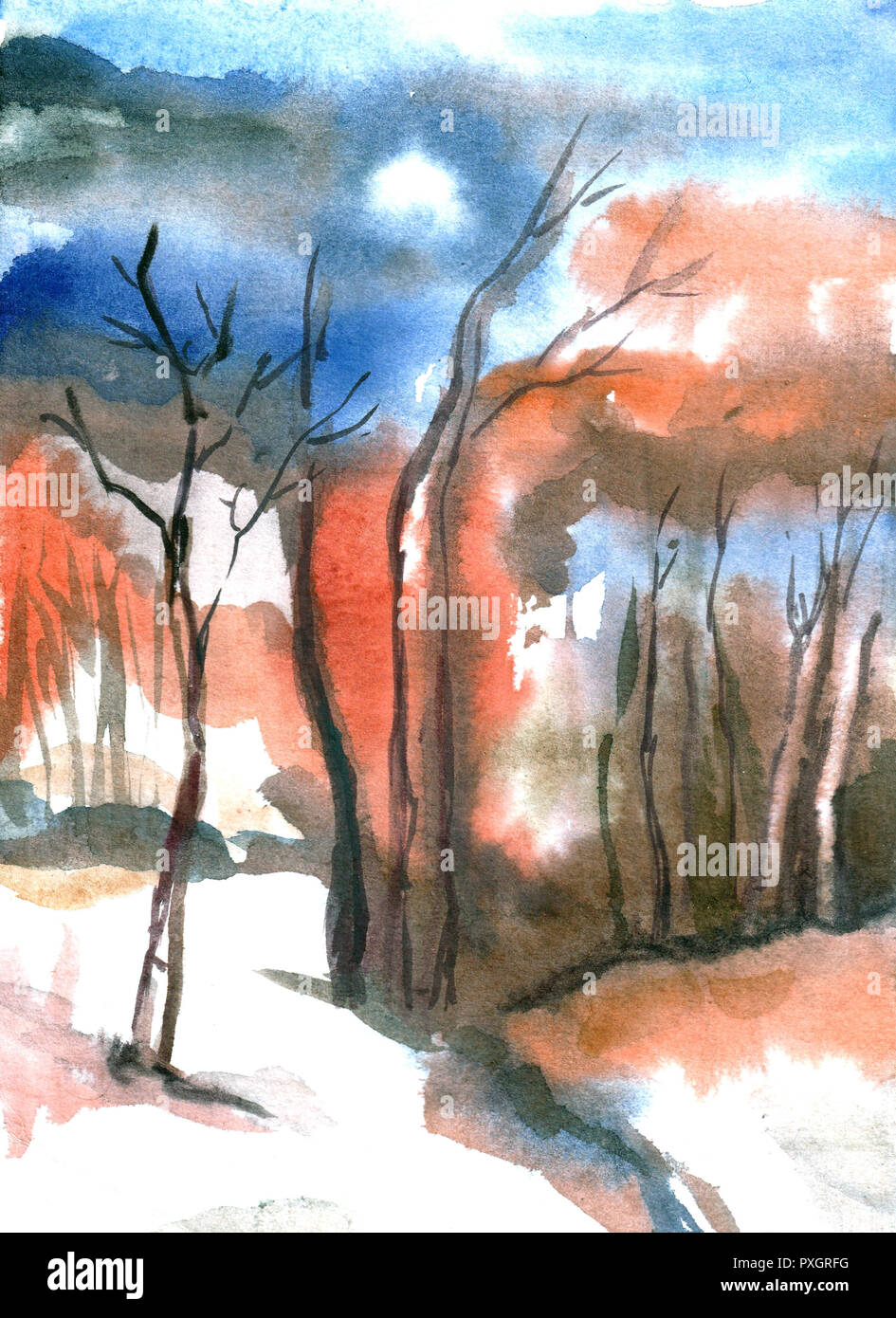 Aquarelle hiver paysage avec le coucher du soleil. Illustration à l'aquarelle. Banque D'Images