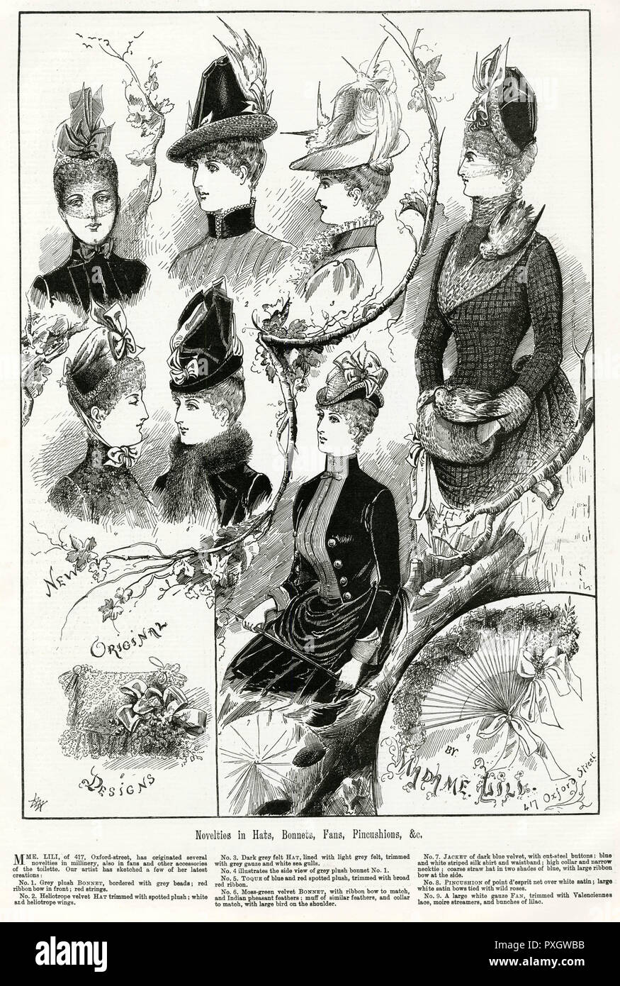 Nouveautés en chapeaux, bonnets et fans 1886 Banque D'Images