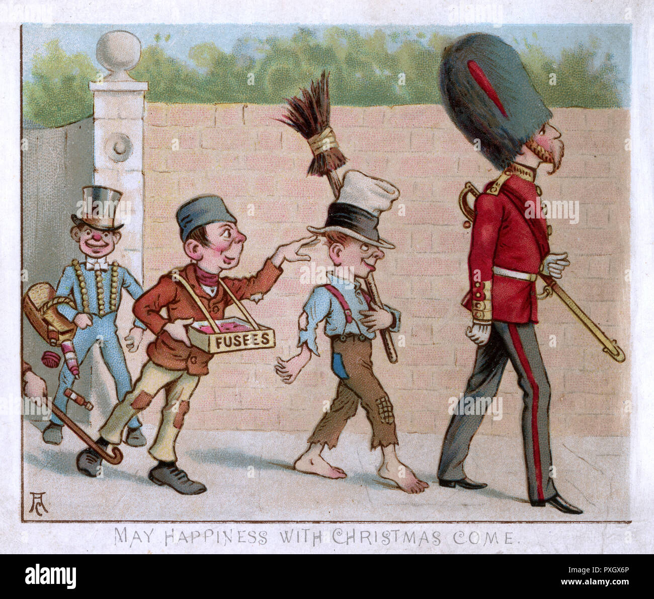 La carte de Noël humoristique - un plutôt stern-face guardsman est sur le point de recevoir un choc électrique comme une bande de n'er-n-well street urchins le suivent avec beaucoup de casse et de roquettes... ! ! Date : vers 1890 Banque D'Images