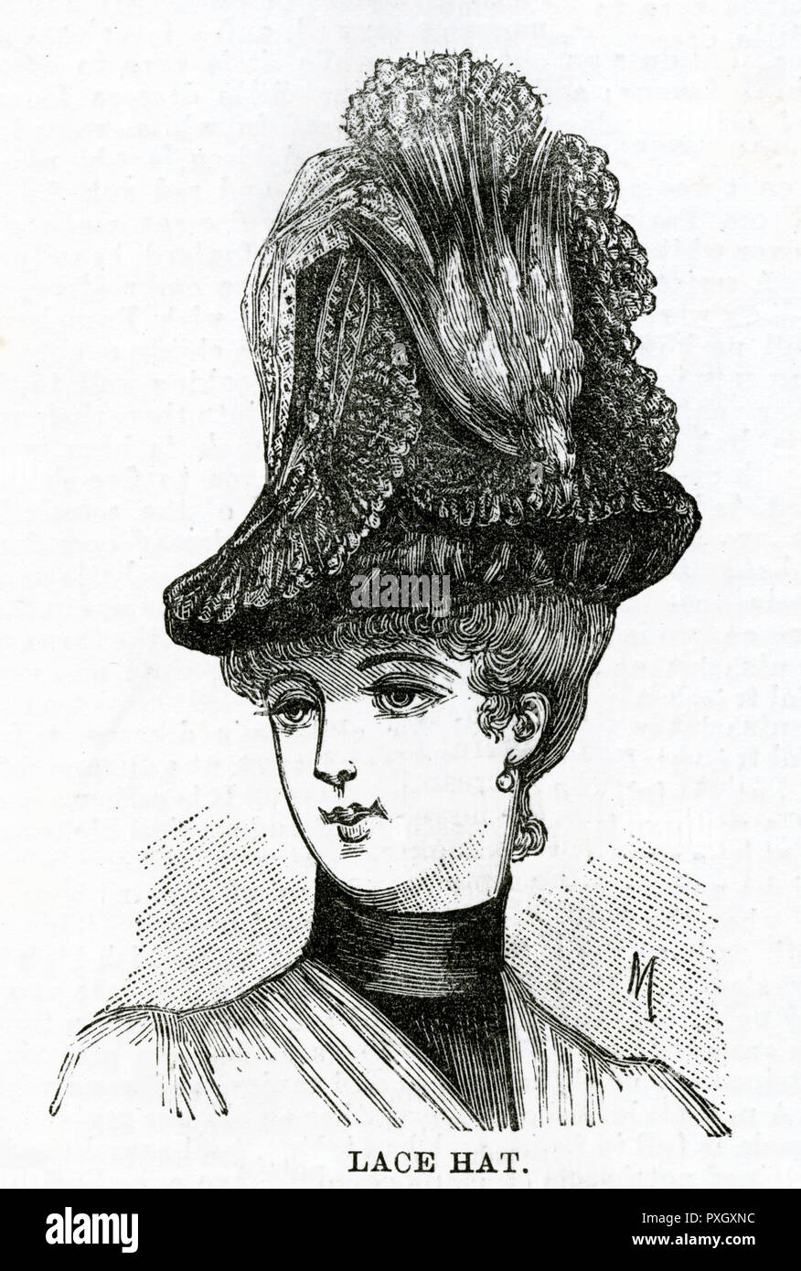 Chapeau en dentelle avec oiseau entier 1886 Banque D'Images