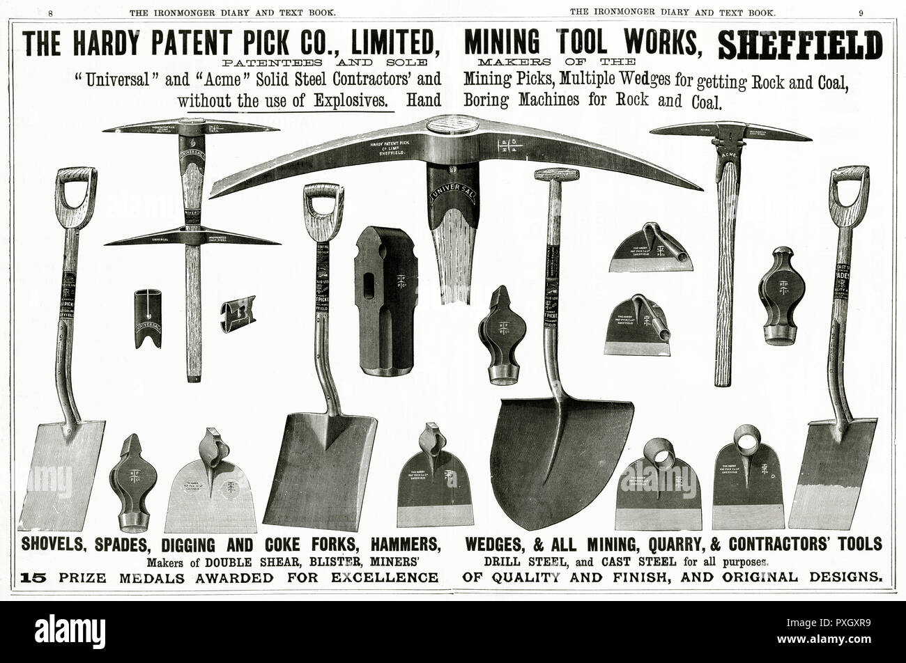 Sélection d'outils à main en acier robuste pour l'industrie minière fait par 'Hardy Co' Sélection des brevets, à Sheffield. Date : 1890 Banque D'Images
