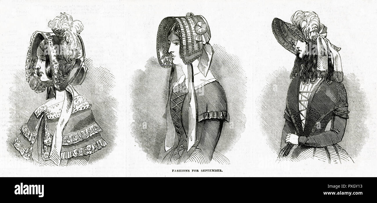 Bonnets à la mode pour septembre 1844 Banque D'Images