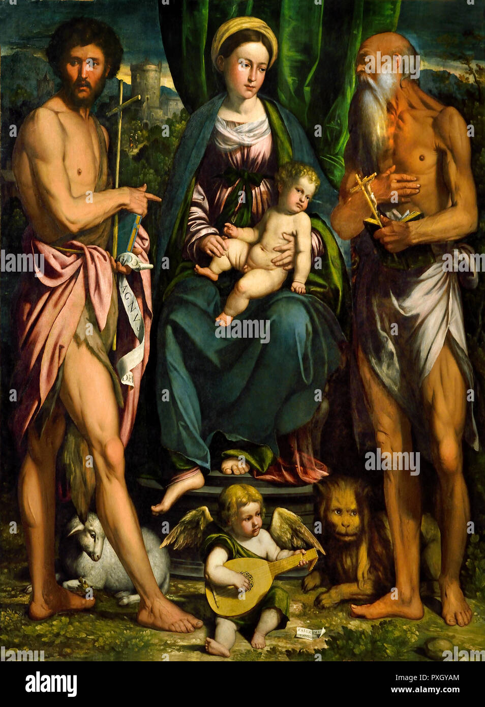 La Madone et l'enfant avec les Saints Jean le Baptiste et Jérôme 1526 par Callisto Piazza 1500-1562, l'Italie, l'italien . Banque D'Images
