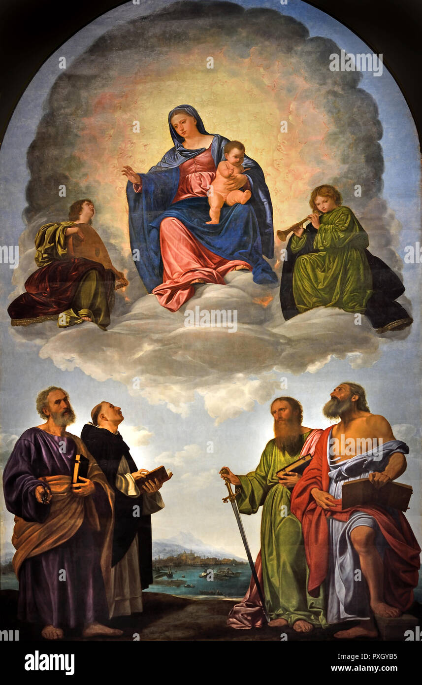Vierge à l'enfant en gloire, deux Anges et Saints Pierre, Dominique, Paul et Jérôme. (Pala Pesaro) 1524 -1526 par Giovanni Gerolamo Savoldo 1480-1548 l'Italie, l'italien. Banque D'Images