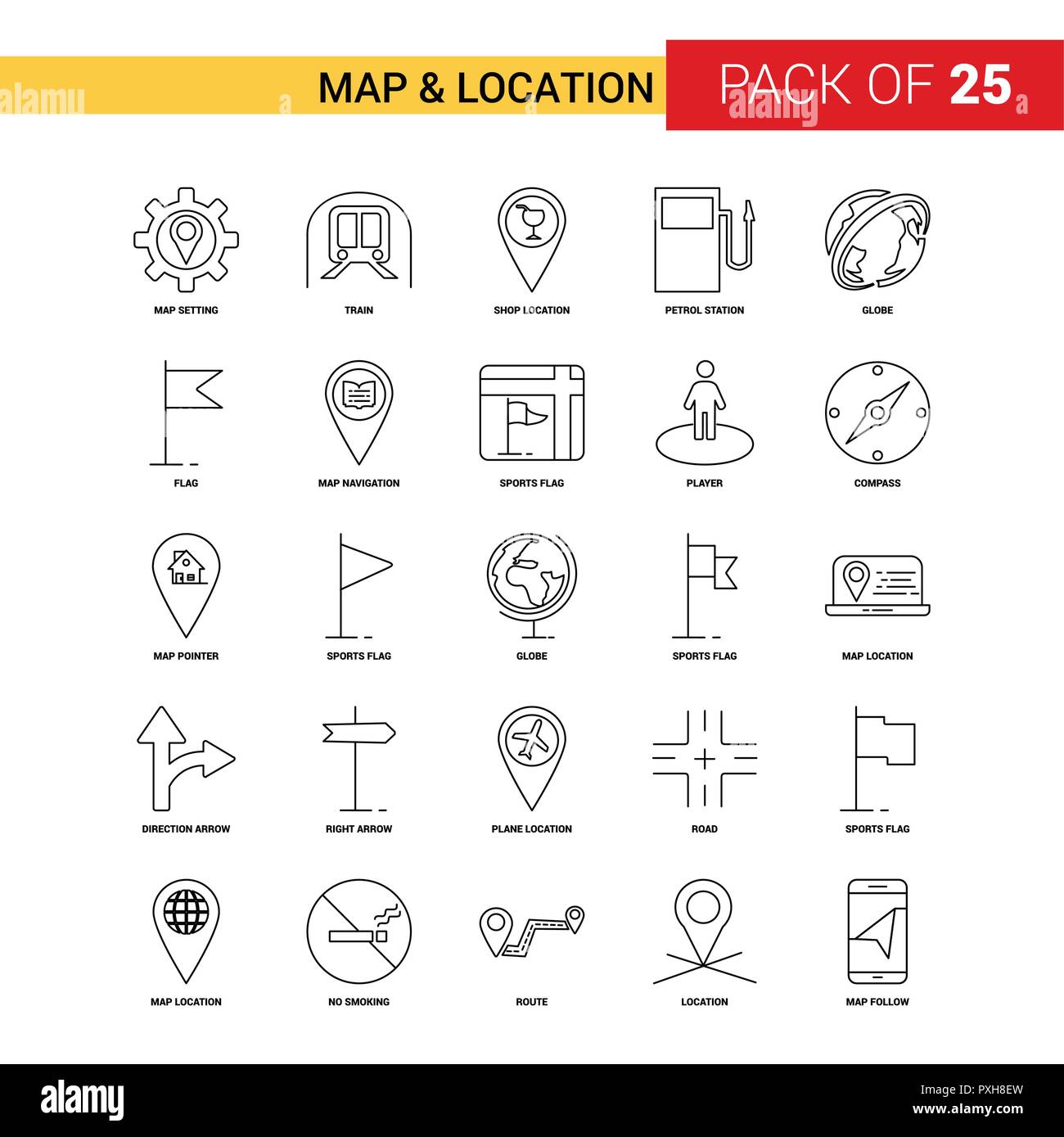 La carte et l'icône de la ligne noire - 25 Business Icon Set Contour Illustration de Vecteur