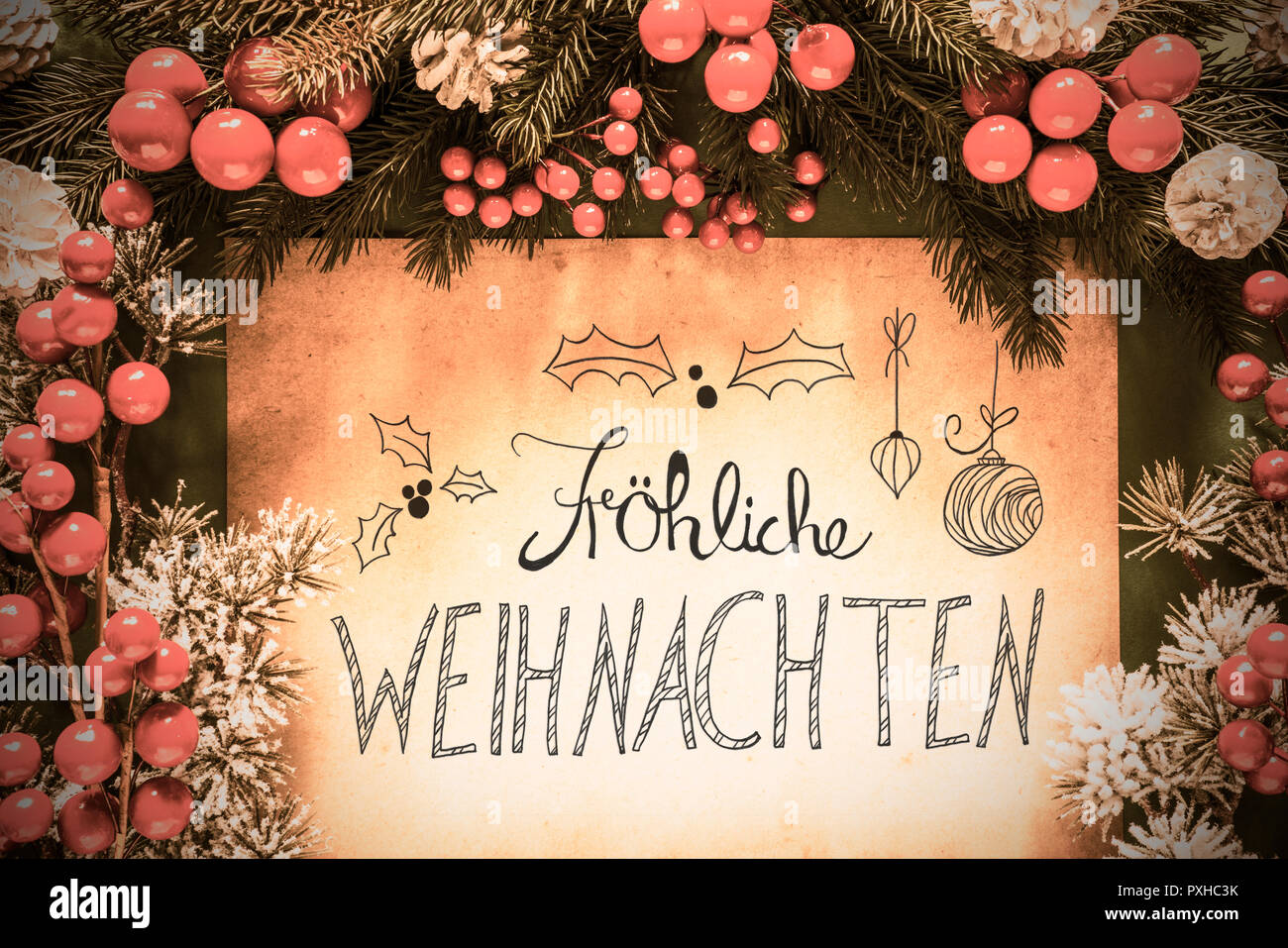 Noël Décoration rétro, calligraphie Frohe Weihnachten signifie Joyeux Noël Banque D'Images