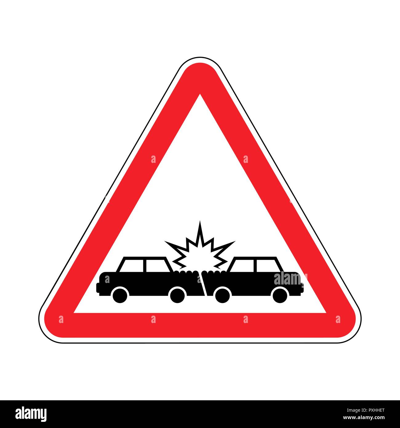 Attention accident de voiture. Attention accident automobile. Épave transport symbole. Danger rouge panneau routier. Illustration de Vecteur