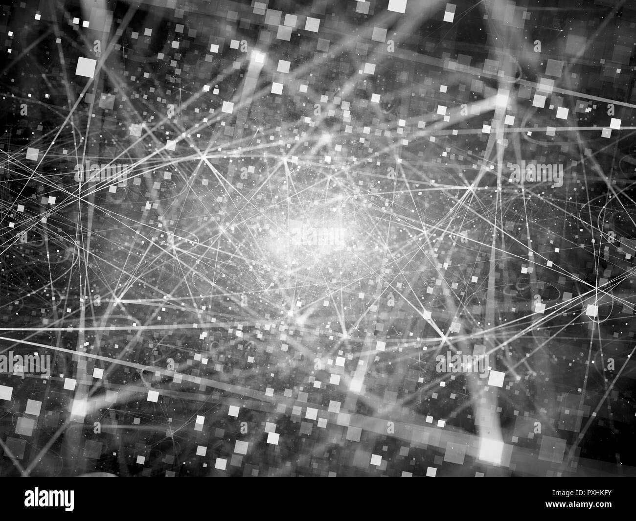 Relations sérieuses in rougeoyant dans l'espace avec des particules, big data, générée par ordinateur résumé fond, noir et blanc, 3D Rendering Banque D'Images