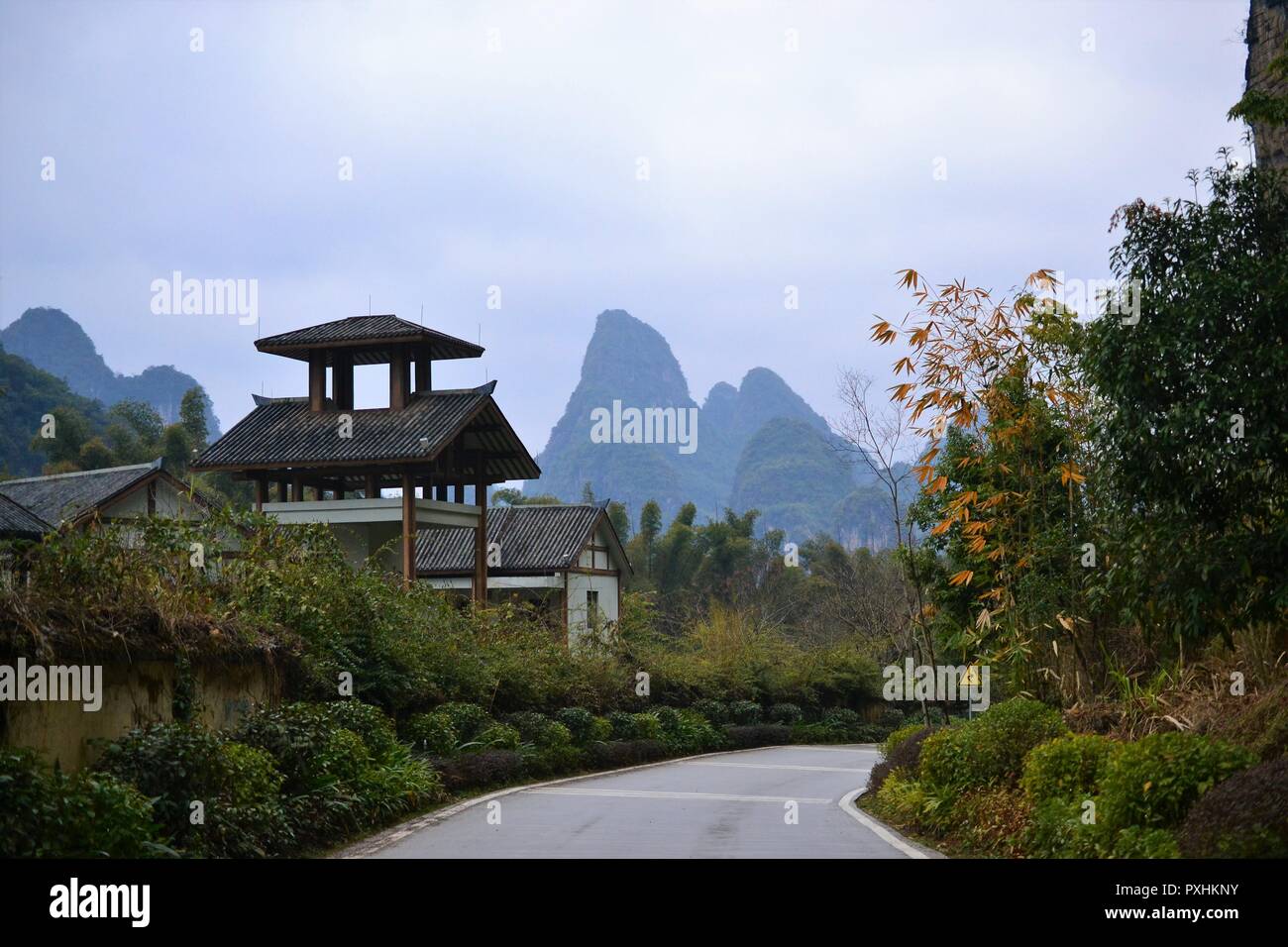 Paysage karstique, collines de Yangshuo, Guilin, Guangxi, Chine Banque D'Images