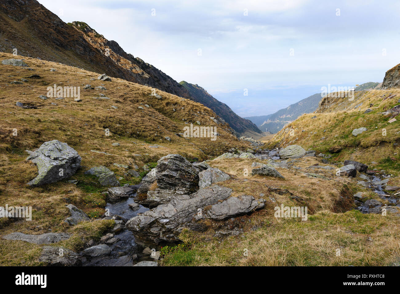 Vue depuis la route Transfagarasan jusqu'à vallée, Roumanie Banque D'Images