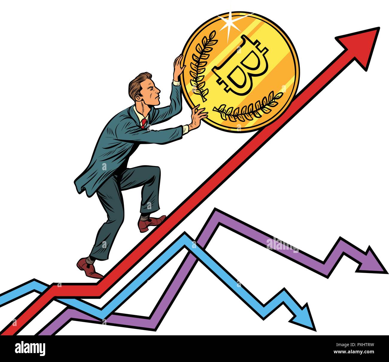 Businessman roll une monnaie jusqu'bitcoin Illustration de Vecteur