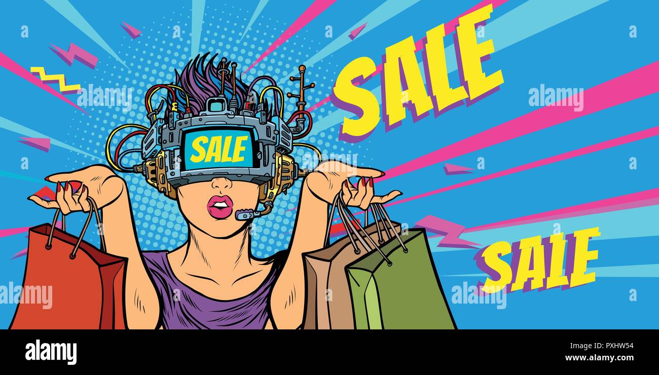 Woman shopping on vente de réalité virtuelle. Illustration de Vecteur