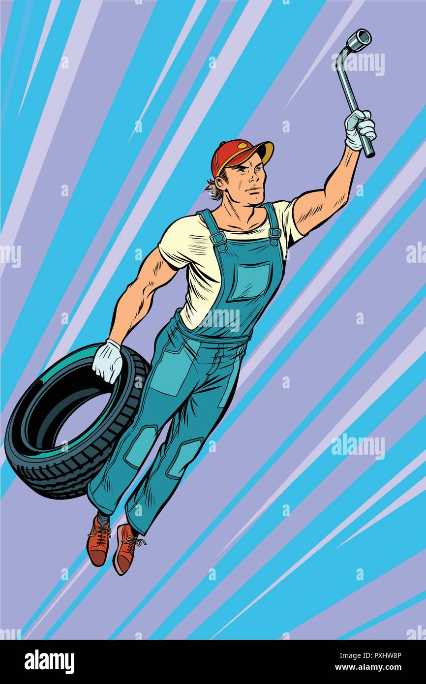 Mécanicien homme pneu. battant aide superhero Illustration de Vecteur