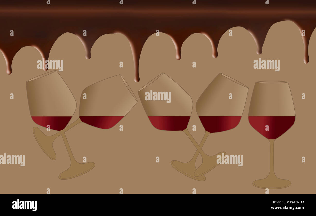 Chocolat dégoulinant et le vin sont associés dans cette illustration. Banque D'Images